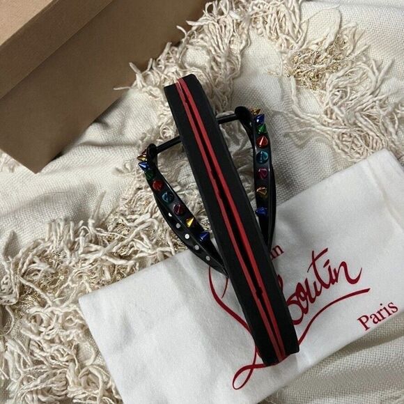 CHRISTIAN LOUBOUTIN Loubi Flip Flop Spikes Donna Flat Black Mix Studded - Picture 7 of 10